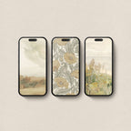 Set of 3 spring aesthetic iPhone wallpapers featuring a soft yellow landscape, vintage botanical pattern and wildflower meadow