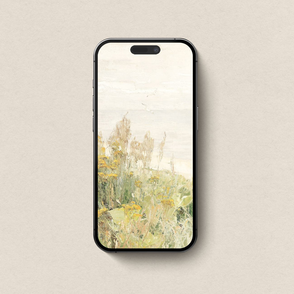 Spring wildflower iPhone wallpaper featuring a dreamy meadow in soft yellow cream and pale green tones