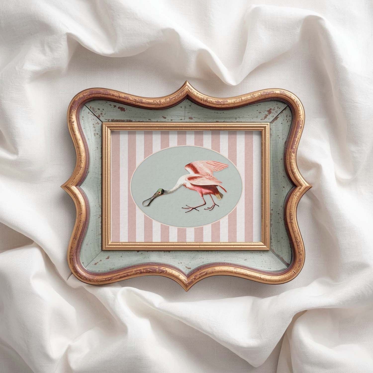 Spoonbill Nursery Wall Art Printable (Digital Download) — Pink Blue Striped Storybook Bird Decor