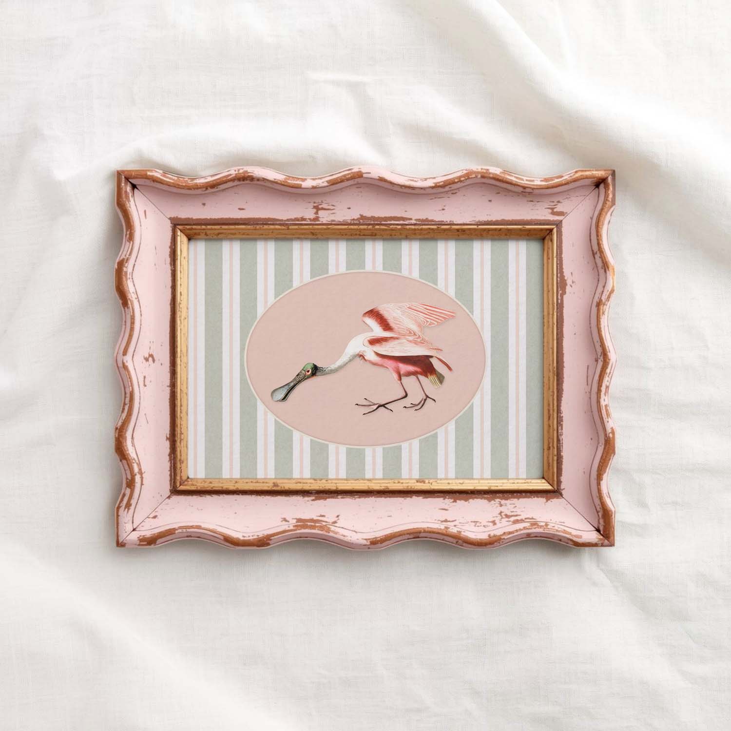 Spoonbill Nursery Wall Art Printable (Digital Download) — Sage Green Blush Striped Storybook Bird Decor