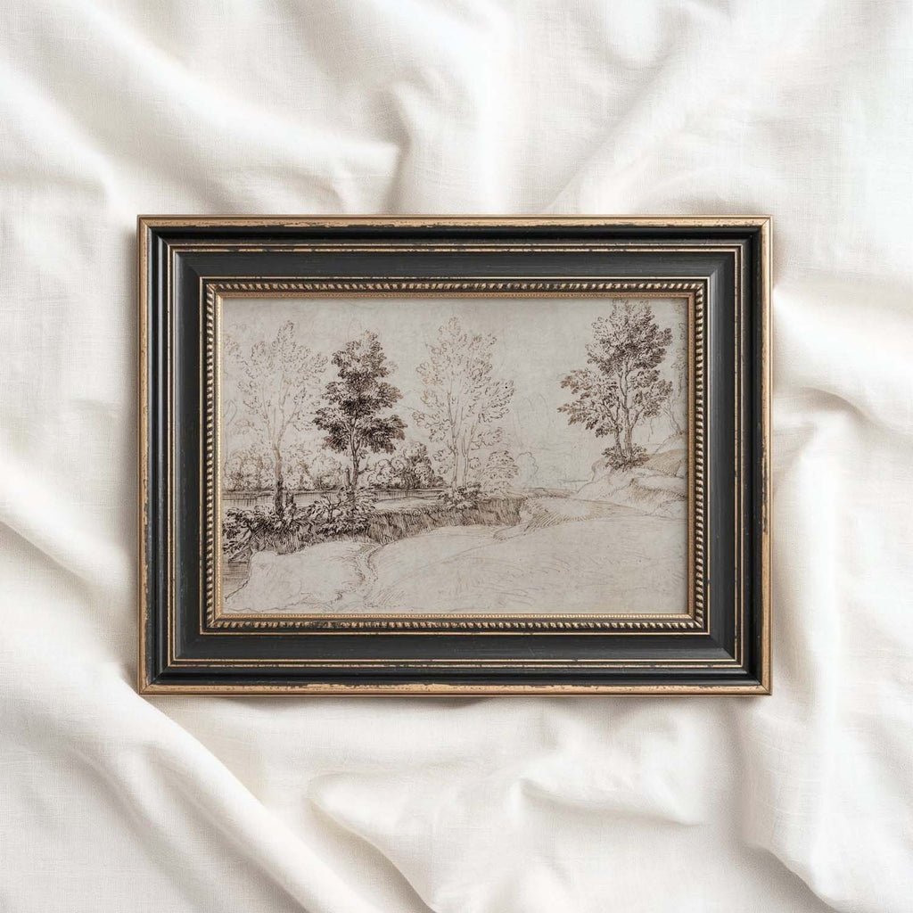 Antique Riverside Tree Etching Wall Art Printable – Vintage Landscape Sketch Print