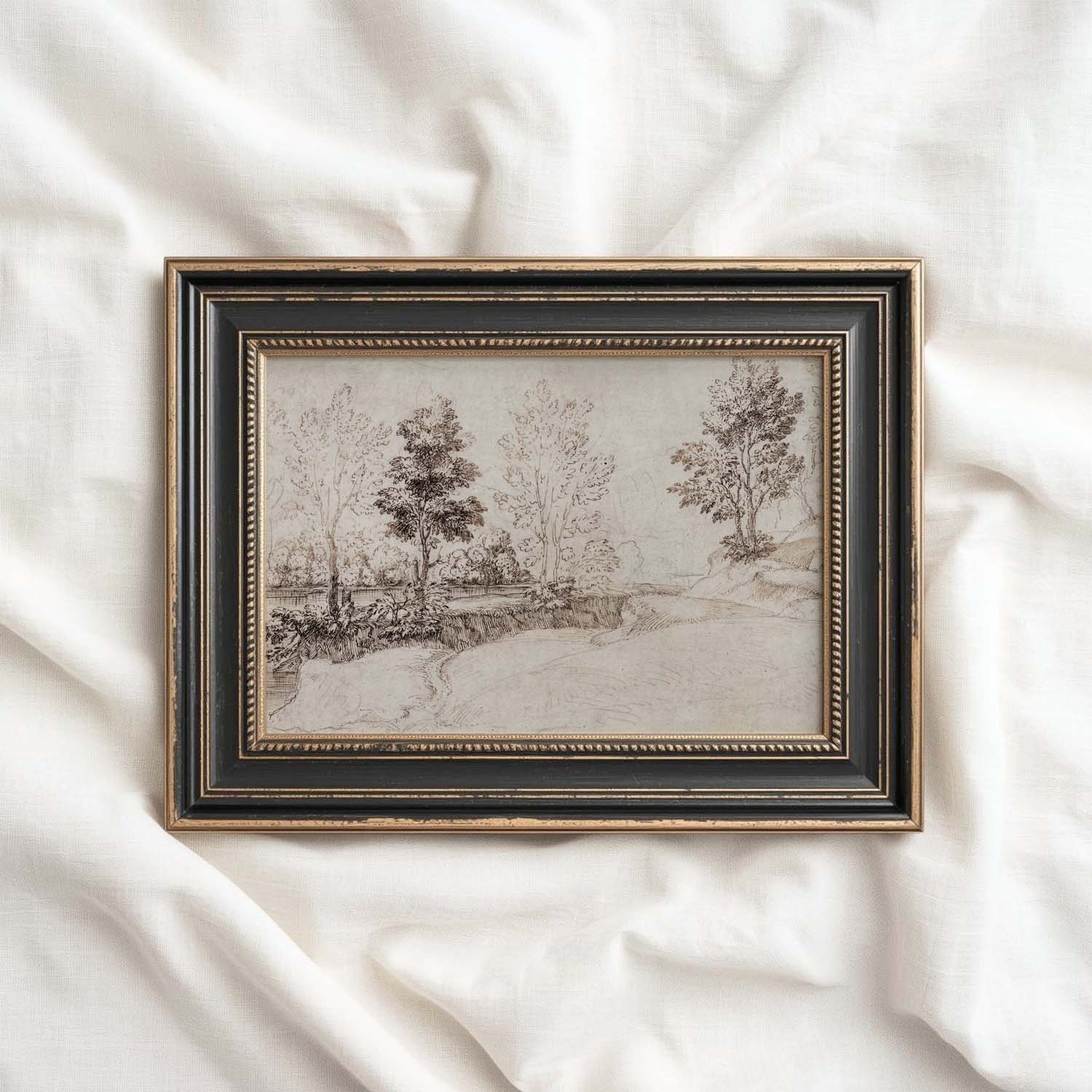 Antique Riverside Tree Etching Wall Art Printable – Vintage Landscape Sketch Print