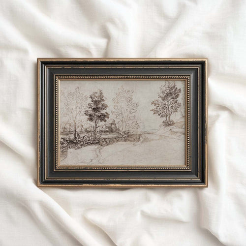 Antique Riverside Tree Etching Wall Art Printable – Vintage Landscape Sketch Print