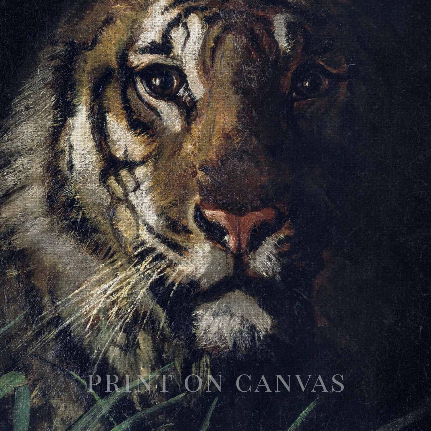 Tiger in jungle reeds wildlife oil painting print with moody rainforest atmosphere and rich botanical detail.