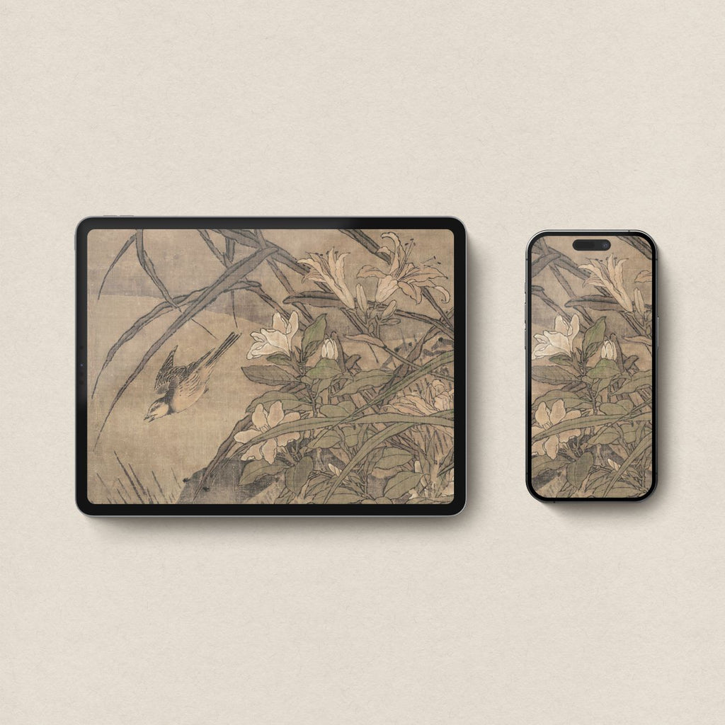 Antique Botanical Bird and Tiger Lily Wallpaper Bundle – Vintage Japanese Nature Aesthetic for iPhone iPad Desktop