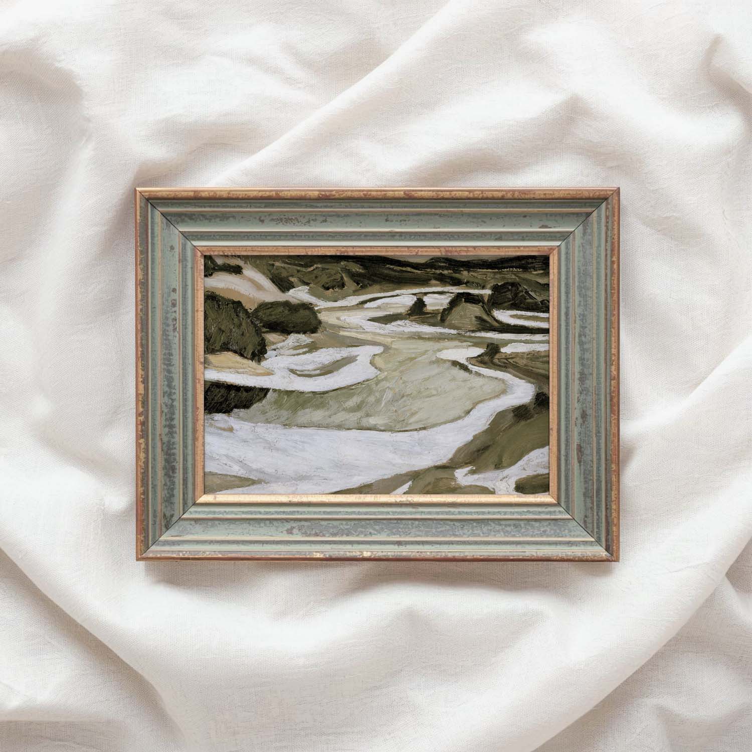 Tonal Green Mountain River Abstract Landscape Printable Wall Art