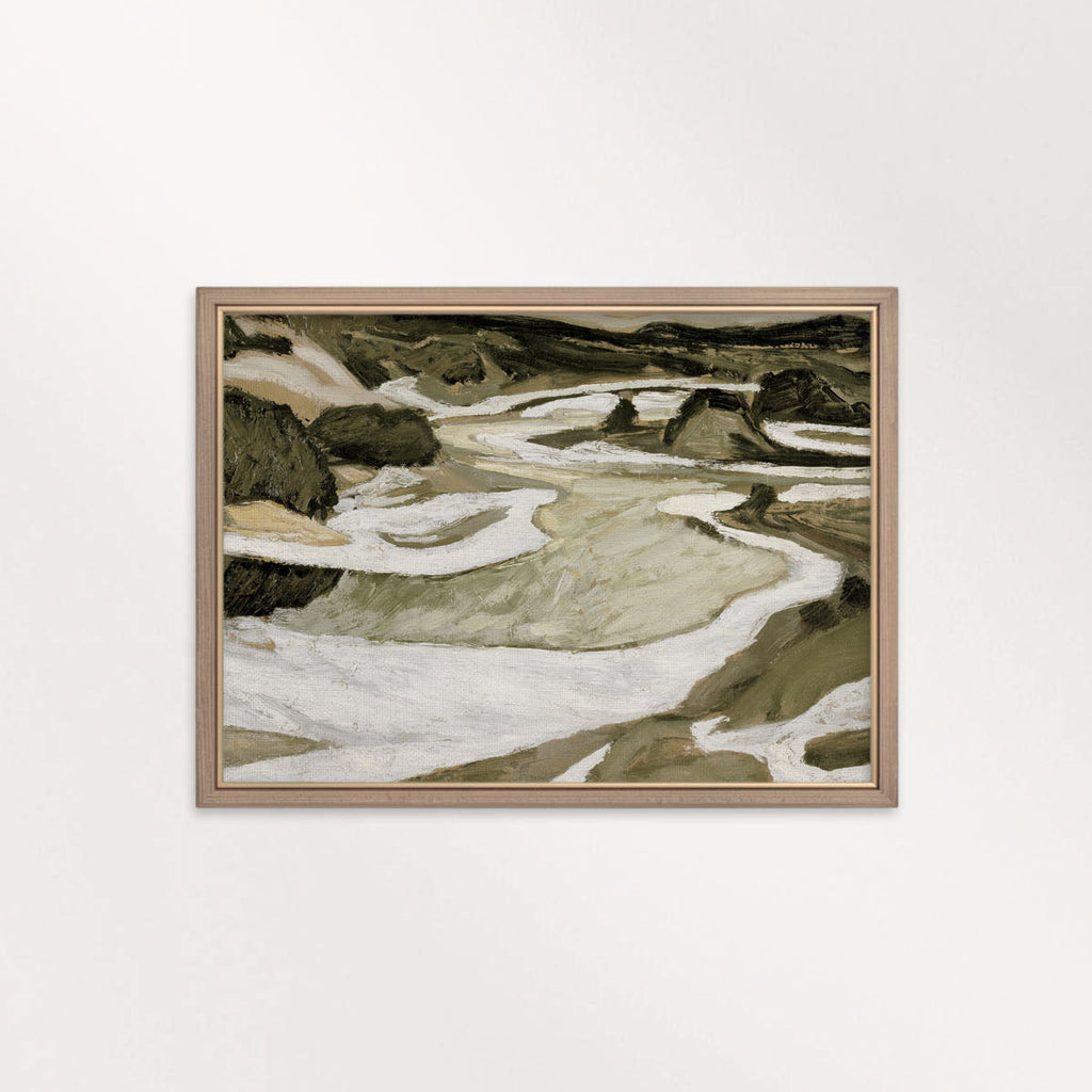 Tonal Green Mountain River Abstract Landscape Printable Wall Art