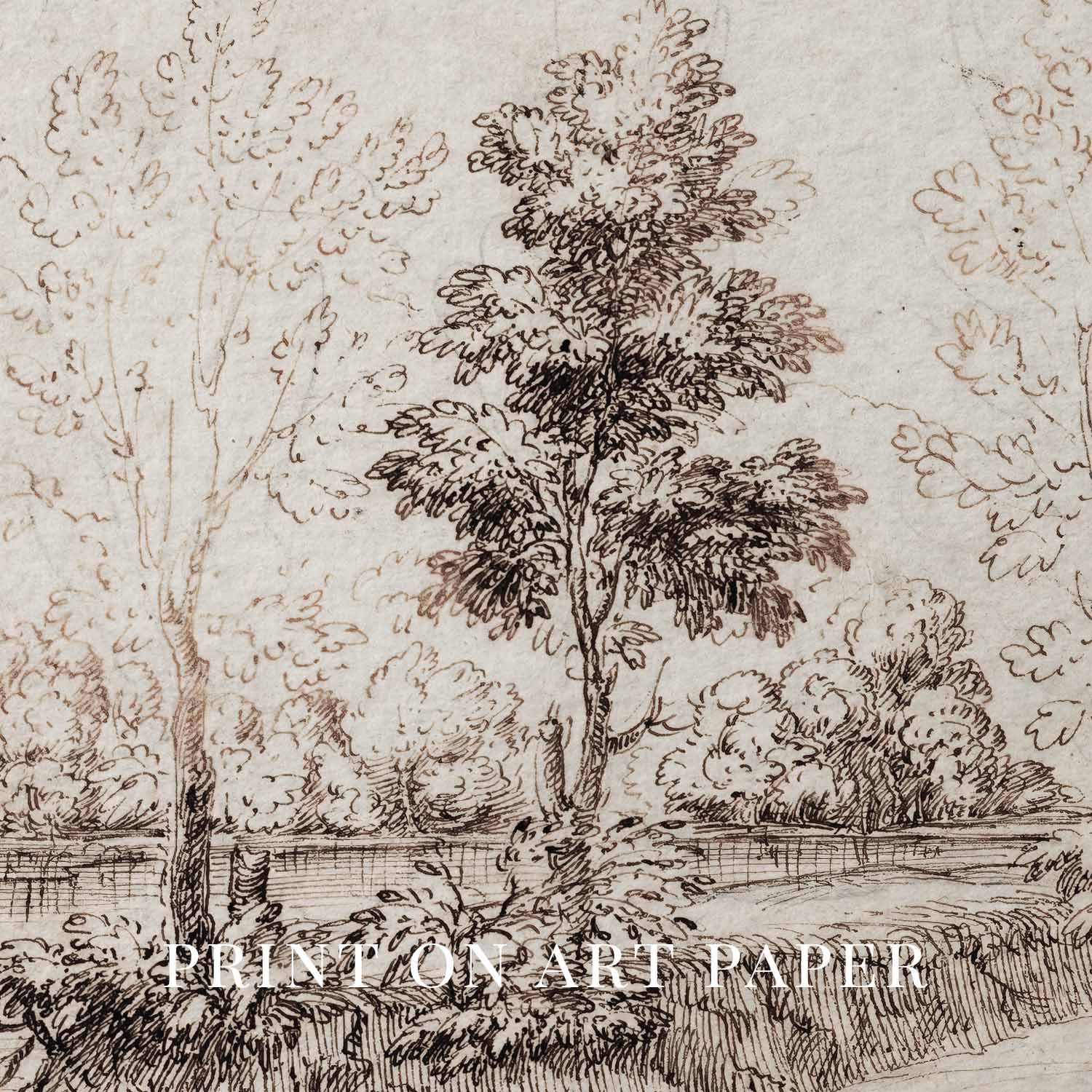 Antique Riverside Tree Etching Wall Art Printable – Vintage Landscape Sketch Print