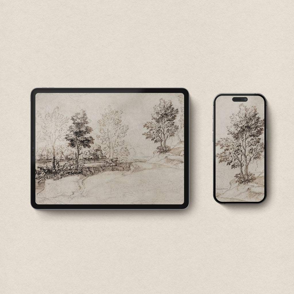 Antique Riverside Tree Etching Wallpaper Bundle – Vintage Neutral Landscape Aesthetic for iPhone iPad Desktop