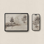 Antique Riverside Tree Etching Wallpaper Bundle – Vintage Neutral Landscape Aesthetic for iPhone iPad Desktop