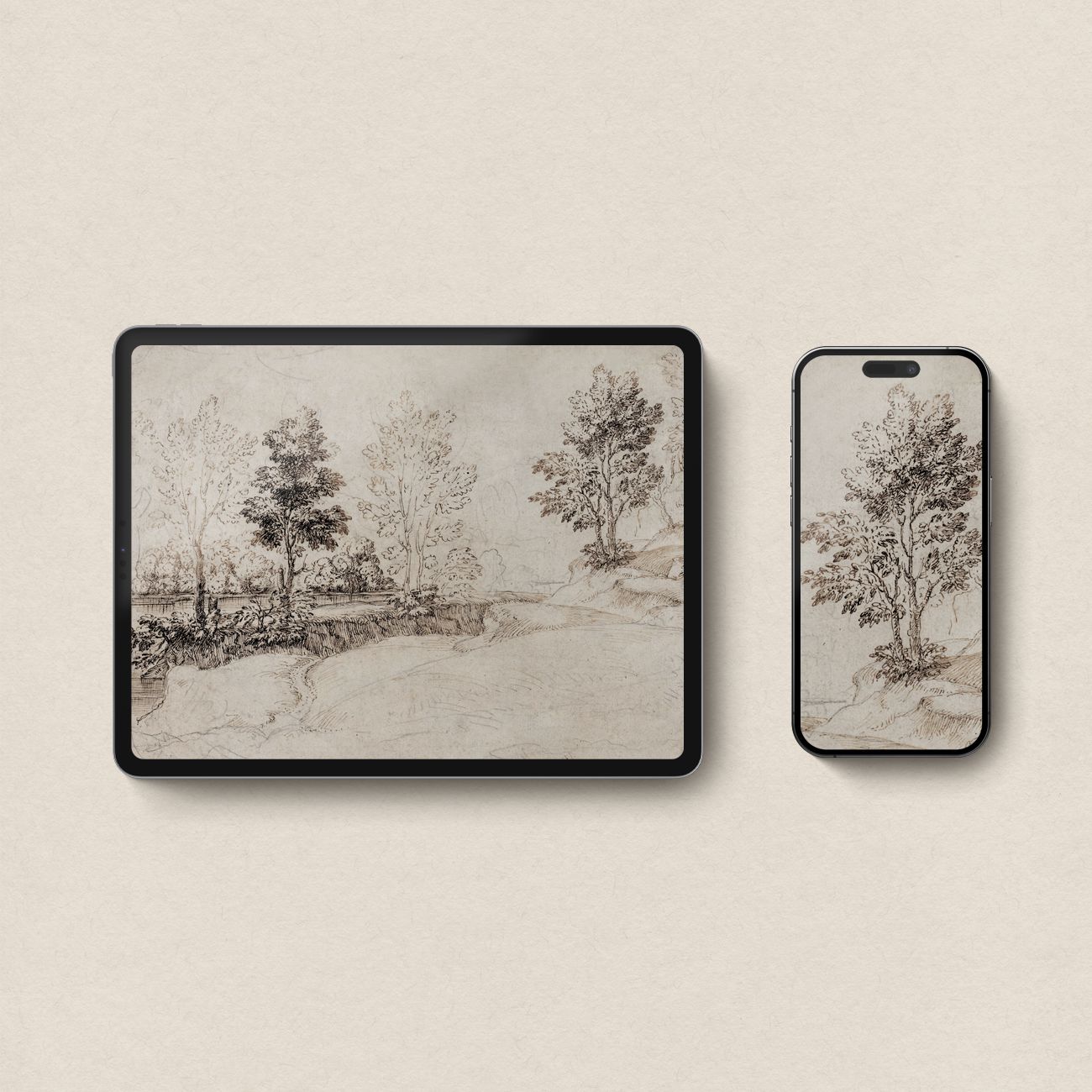 Antique Riverside Tree Etching Wallpaper Bundle – Vintage Neutral Landscape Aesthetic for iPhone iPad Desktop