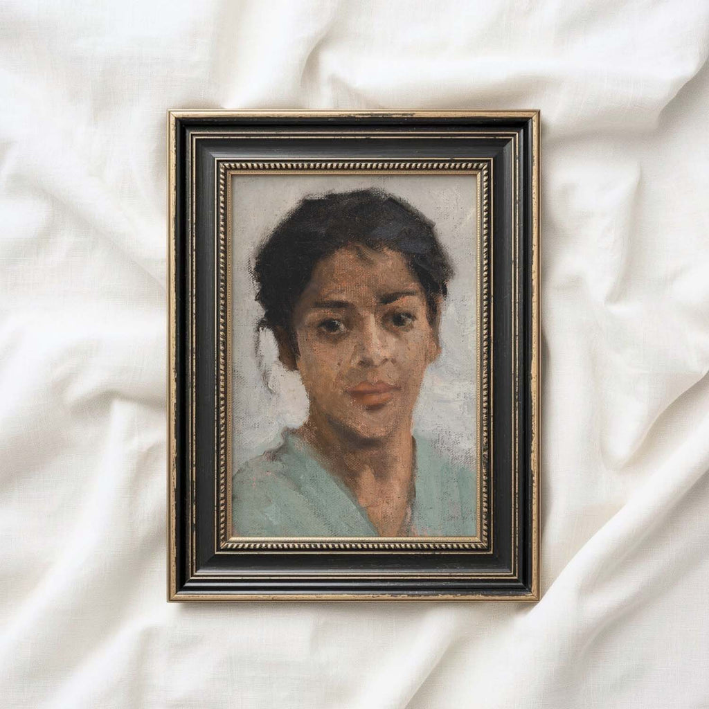Neutral Boho Portrait Wall Art Print – Muted Grey Vintage Woman Oil Painting (Digital Download)