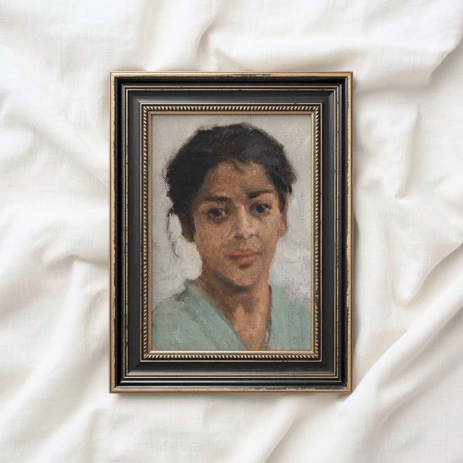 Neutral Boho Portrait Wall Art Print – Muted Grey Vintage Woman Oil Painting (Digital Download)