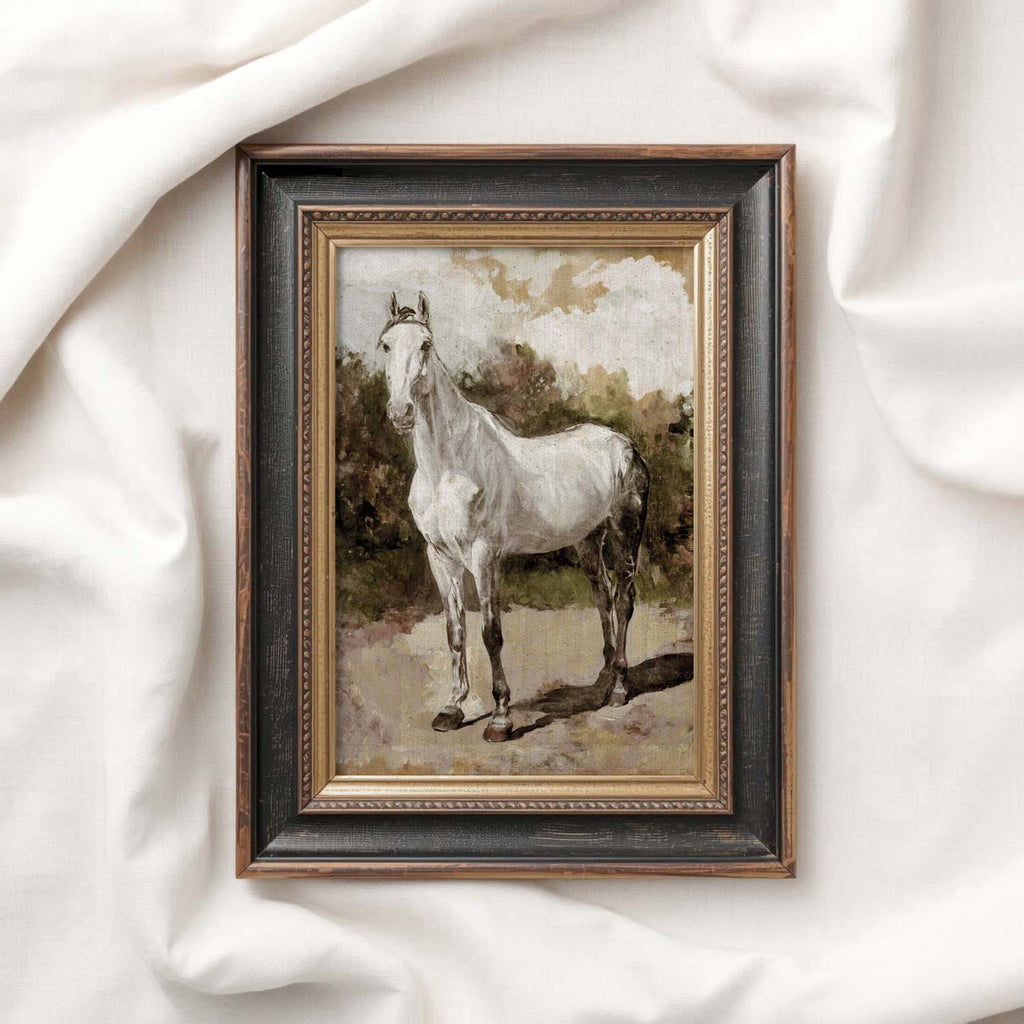 Boho White Horse Wall Art Print (Neutral Equestrian Farmhouse Style Decor) (Digital Download)