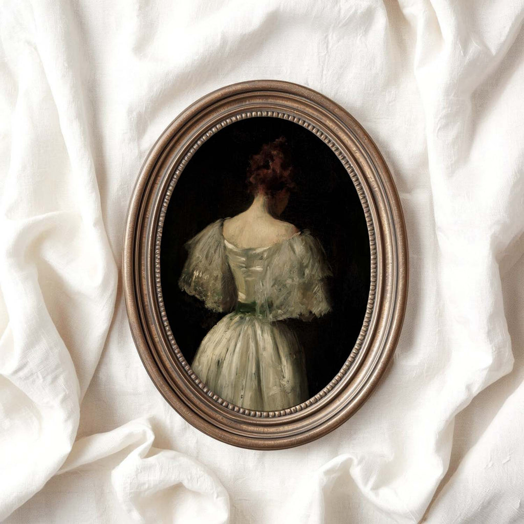 Victorian Bridal Portrait Wall Art Print – Dark Academia Back View Bride Oil Painting (Digital Download)