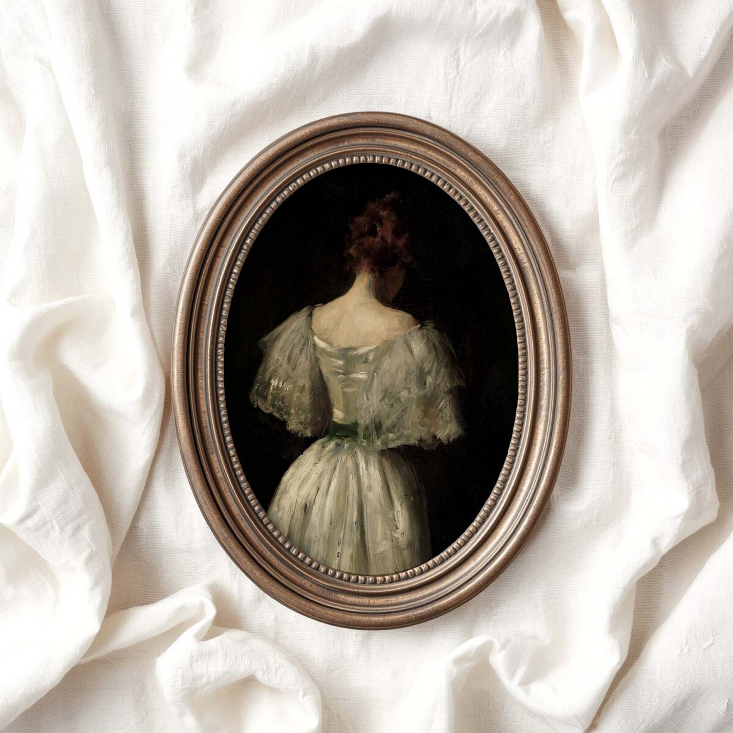 Victorian Bridal Portrait Wall Art Print – Dark Academia Back View Bride Oil Painting (Digital Download)