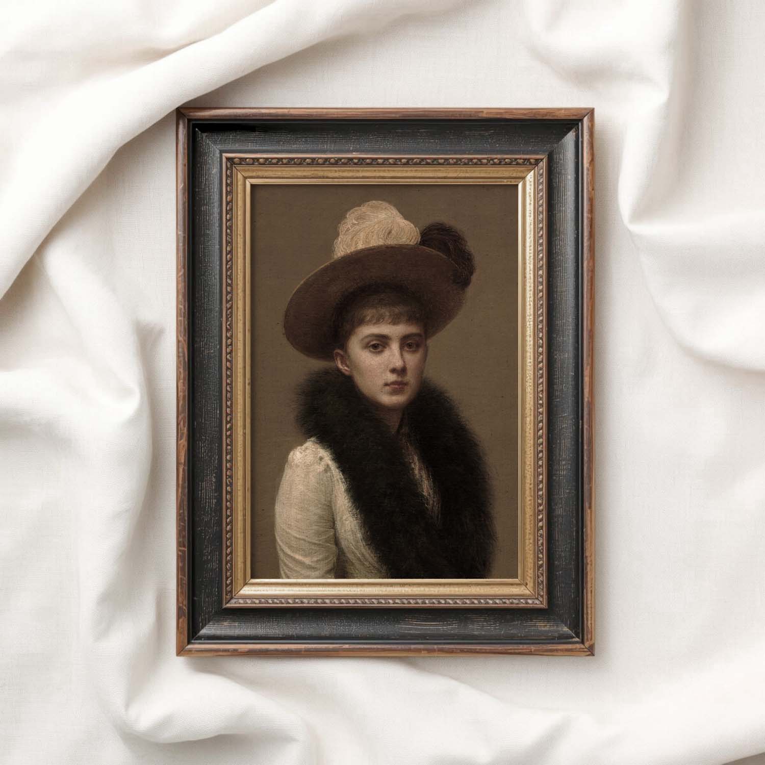 Victorian portrait wall art print with dark moody studio lighting and rich shadowed composition.