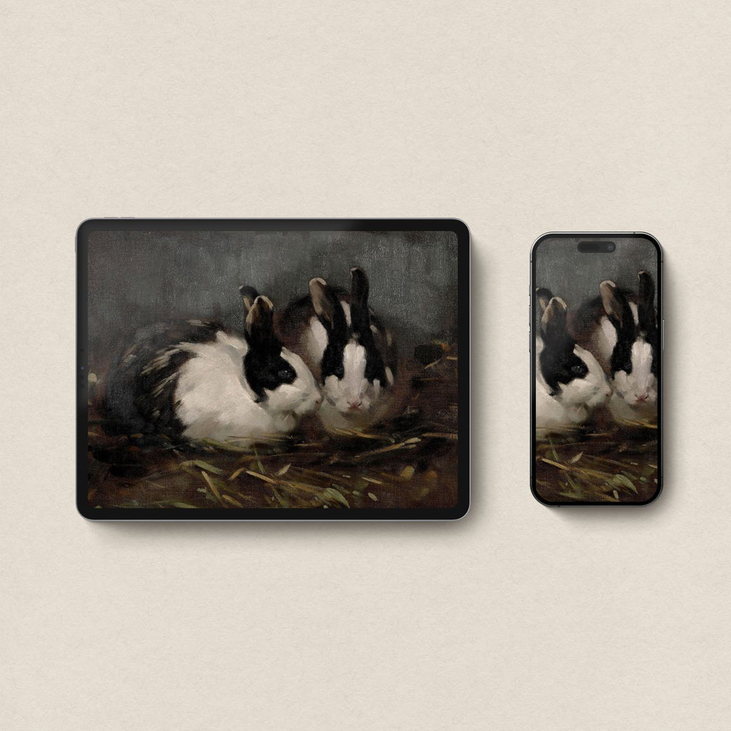 Victorian Rabbit Oil Painting iPhone & iPad Wallpaper Set (Moody Farmhouse Animal Art Digital Download)