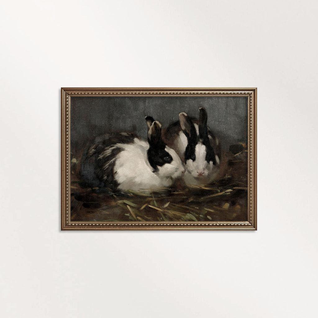 Victorian Rabbit Oil Painting Wall Art Printable (Moody Farmhouse Animal Portrait, Vintage Blue Tonal Decor)