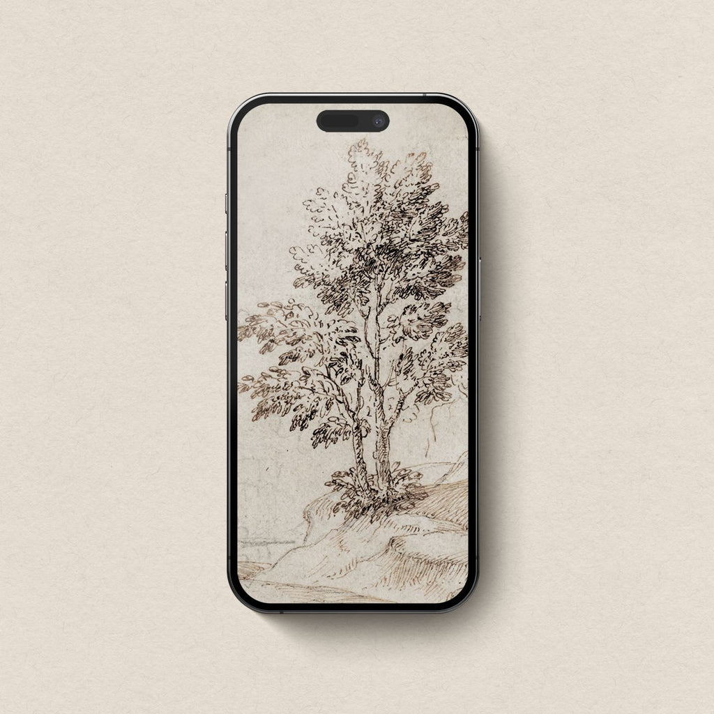 Antique Riverside Tree Etching Wallpaper Bundle – Vintage Neutral Landscape Aesthetic for iPhone iPad Desktop