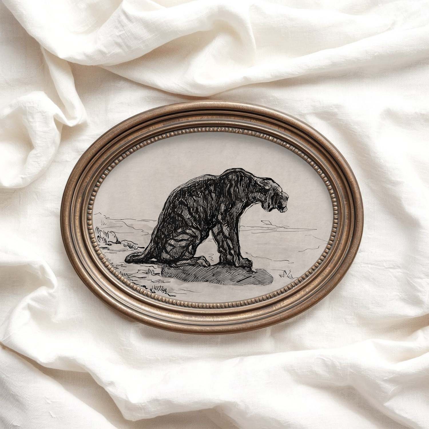 Antique Tiger Wall Art Printable | Moody Ink Sketch Animal Illustration