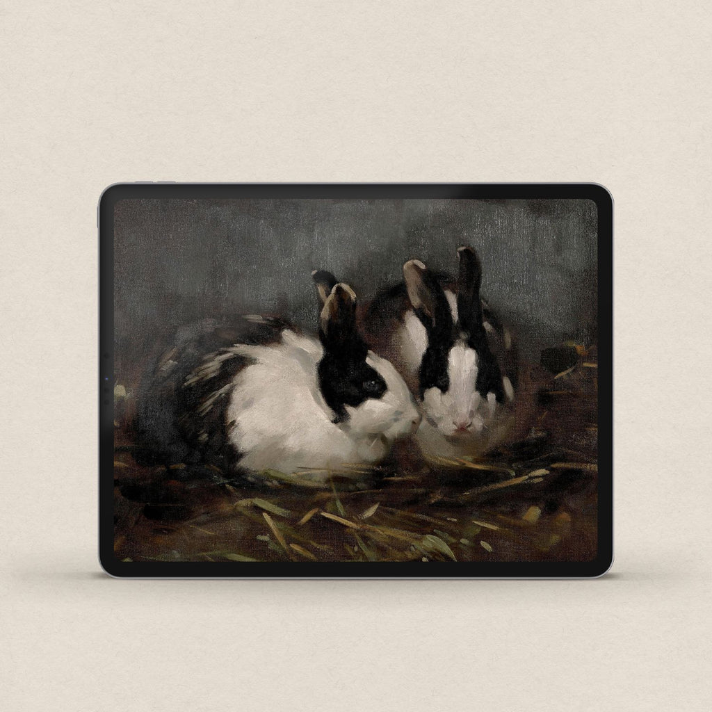 Victorian Rabbit Oil Painting iPhone & iPad Wallpaper Set (Moody Farmhouse Animal Art Digital Download)
