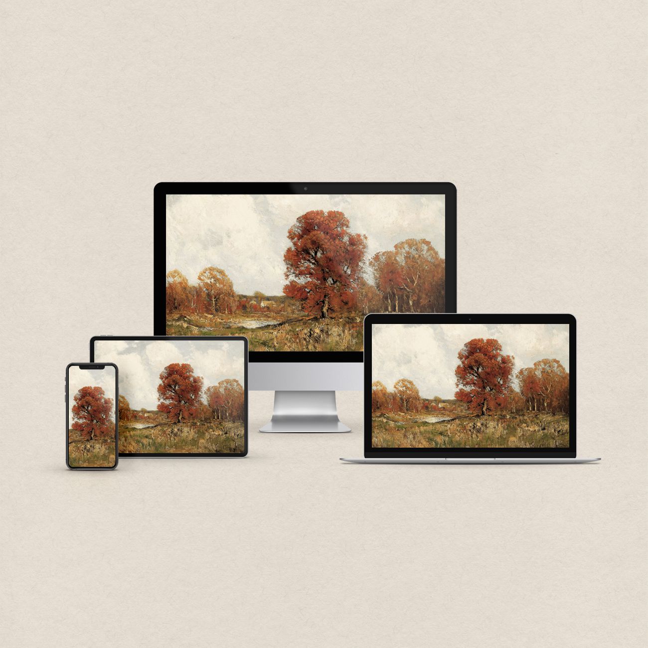 Vintage autumn desktop wallpaper featuring heritage tree artwork in warm muted fall tones with matching device wallpapers