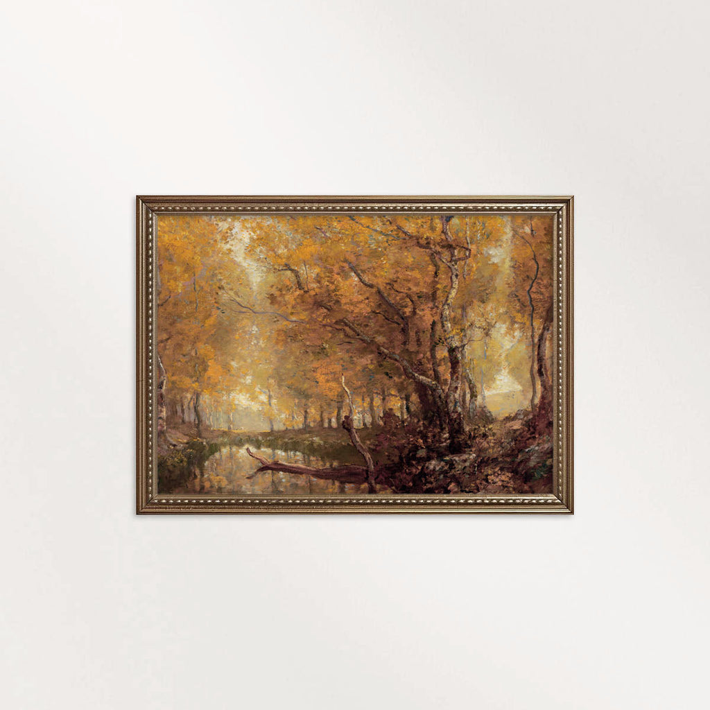 Vintage Autumn Forest Pond printable wall art featuring a moody autumn forest and tranquil pond.