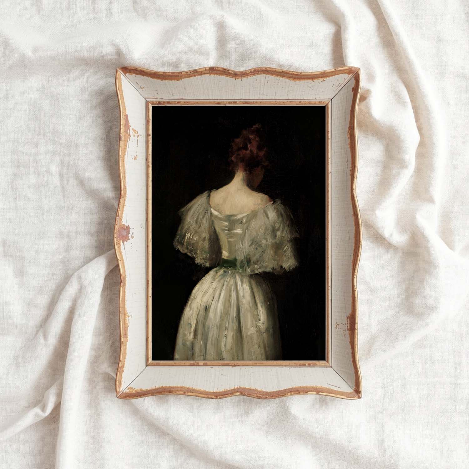Victorian Bridal Portrait Wall Art Print – Dark Academia Back View Bride Oil Painting (Digital Download)