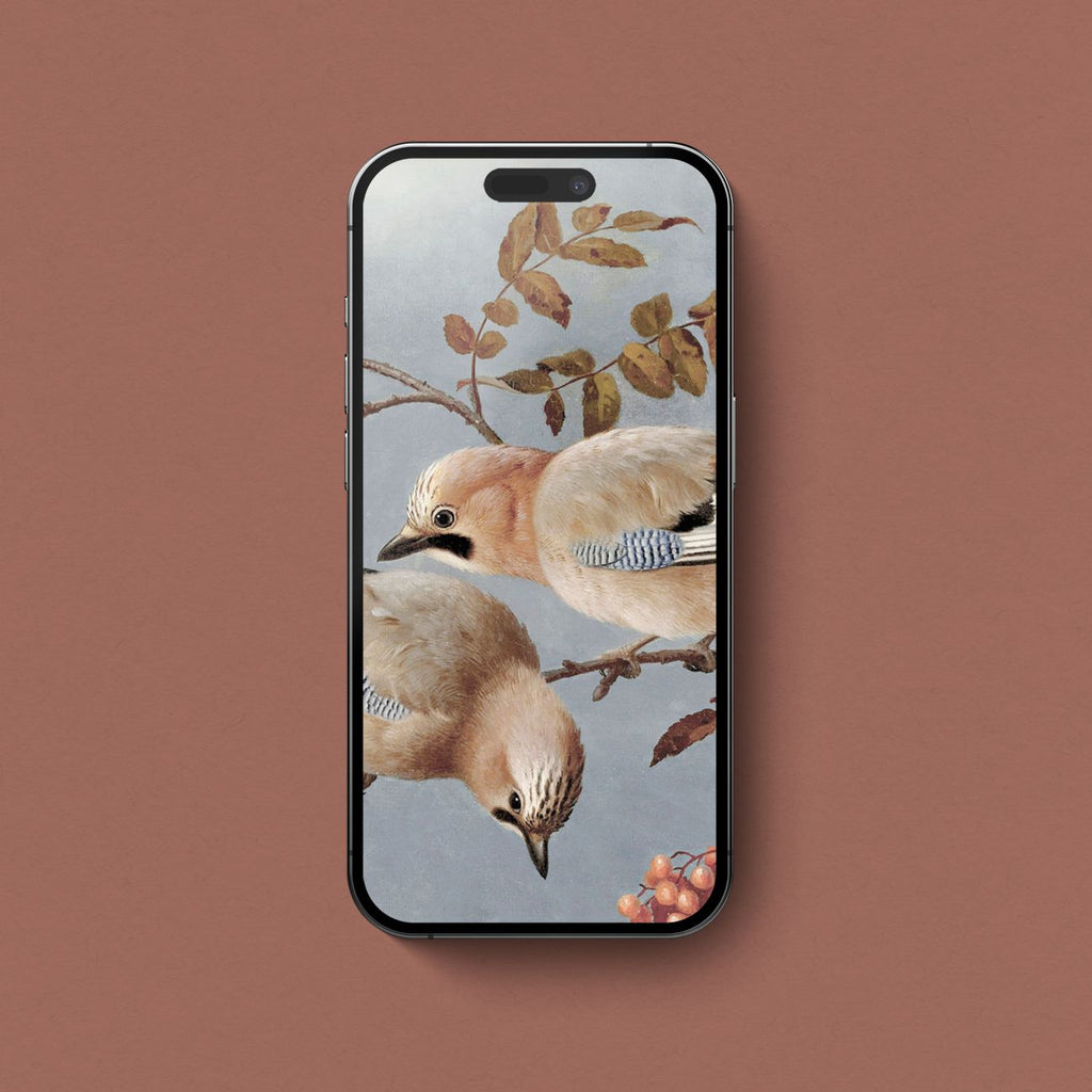 Vintage bird iPhone wallpaper featuring two birds on autumn branches against a soft blue grey background