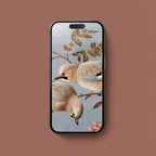 Vintage bird iPhone wallpaper featuring two birds on autumn branches against a soft blue grey background