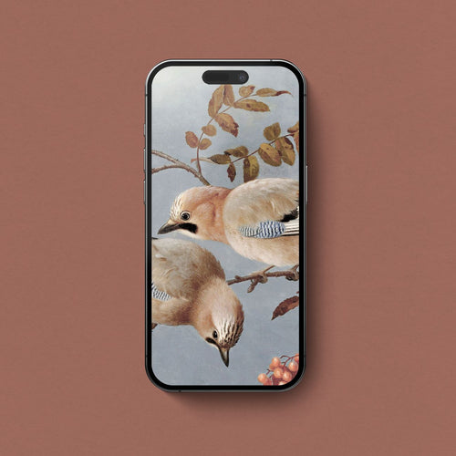 Vintage bird iPhone wallpaper featuring two birds on autumn branches against a soft blue grey background