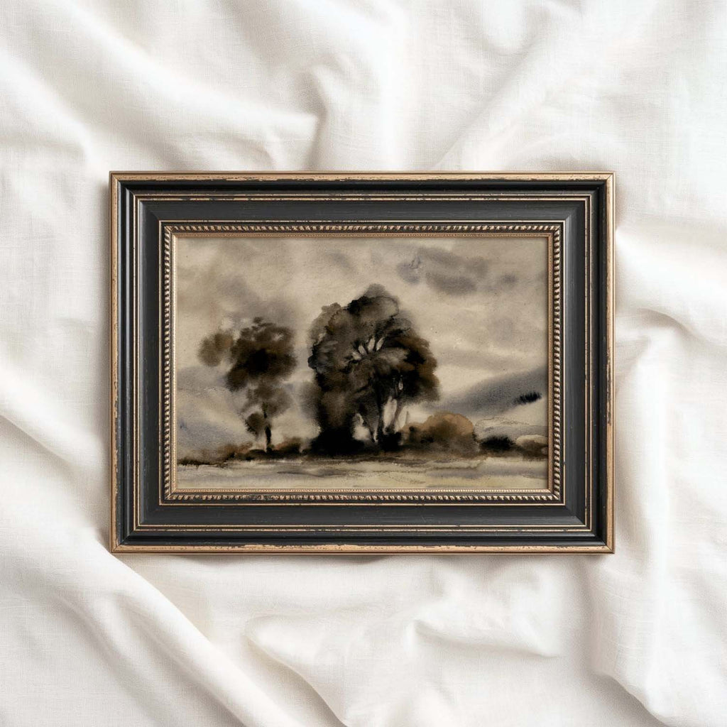 Moody Black Watercolor Tree Printable Wall Art | Vintage Monochrome Landscape