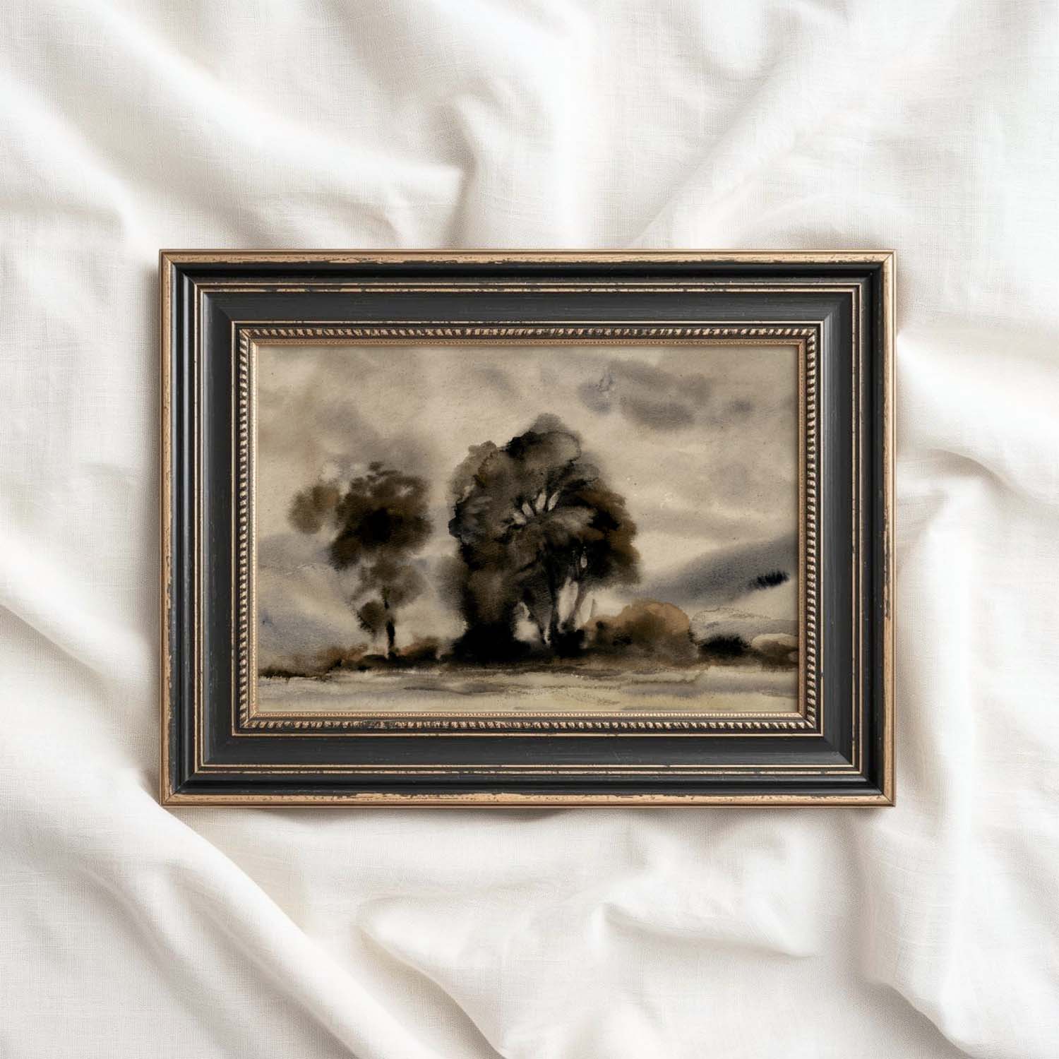 Moody Black Watercolor Tree Printable Wall Art | Vintage Monochrome Landscape