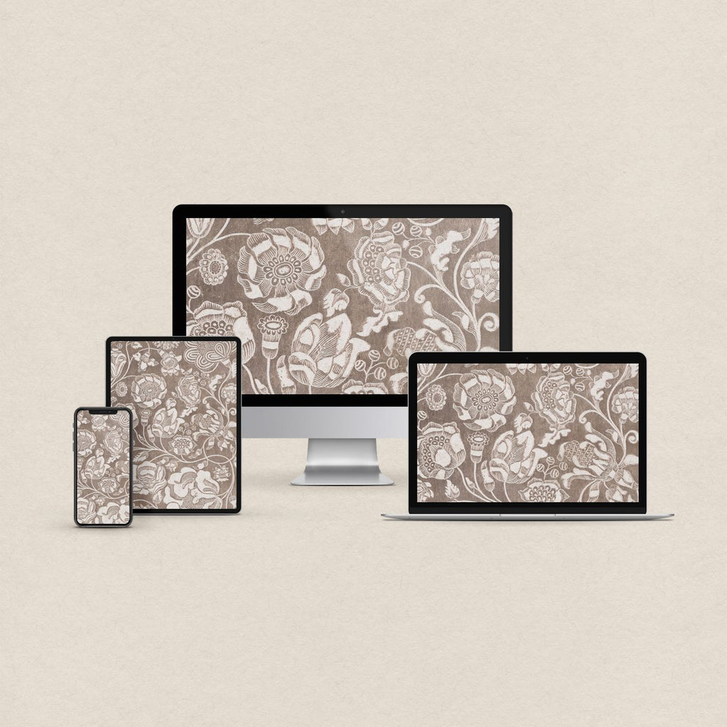 Soft beige vintage botanical desktop wallpaper with floral pattern and matching phone, iPad and MacBook wallpapers