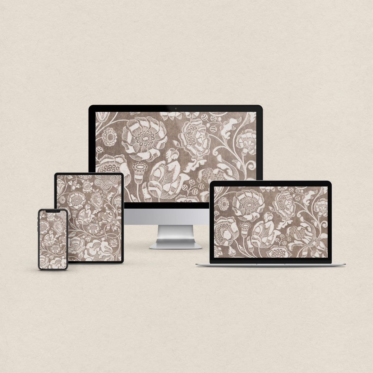 Soft beige vintage botanical desktop wallpaper with floral pattern and matching phone, iPad and MacBook wallpapers