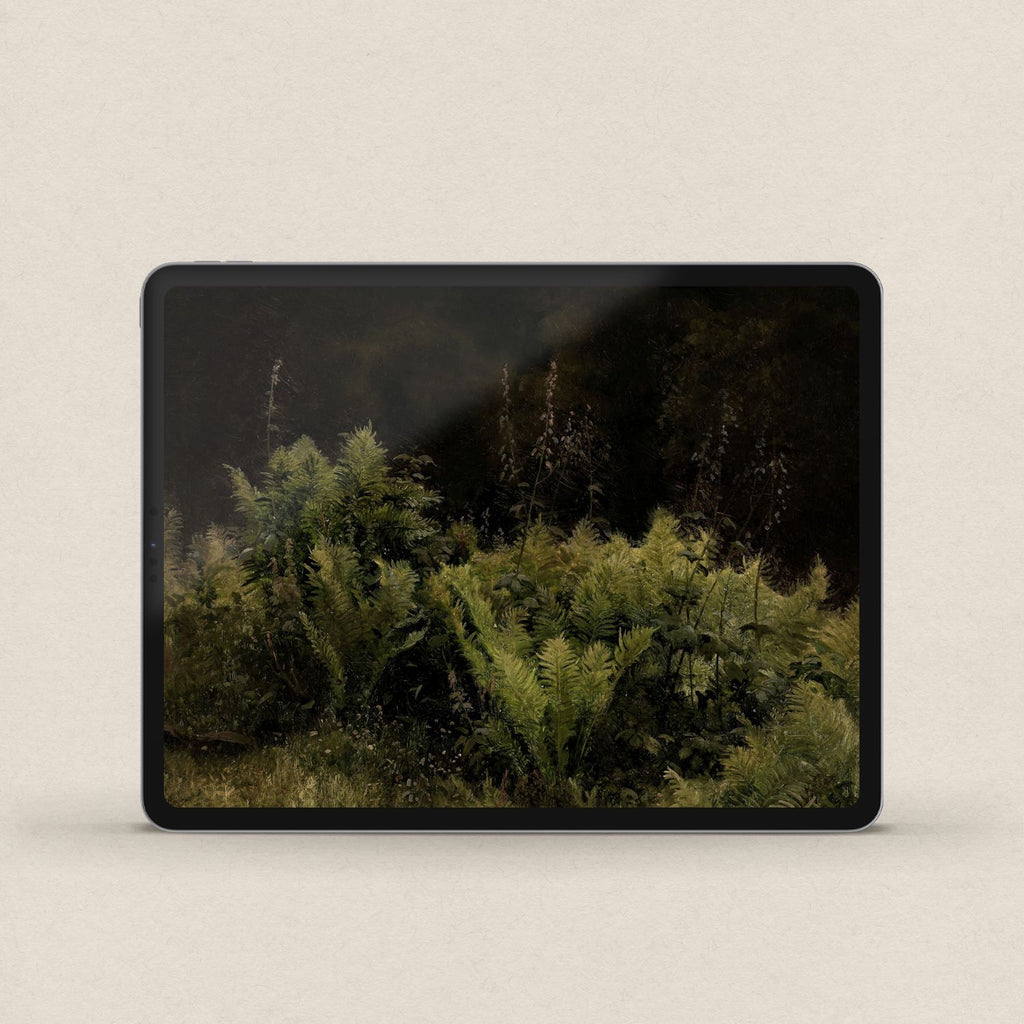 Vintage botanical fern iPad wallpaper with dark aesthetic styling and rich woodland-inspired colors.