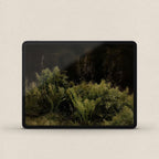Vintage botanical fern iPad wallpaper with dark aesthetic styling and rich woodland-inspired colors.