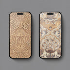 Two vintage botanical iPhone wallpapers featuring an intricate leafy pattern and ornate antique floral design