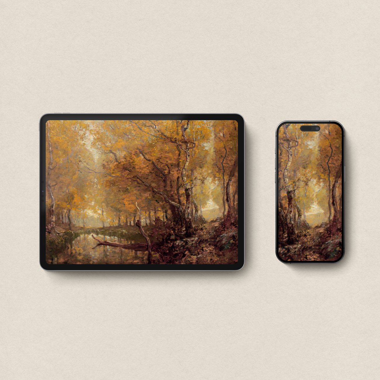 Vintage cottagecore autumn wallpapers with fall forest iPhone and iPad wallpapers from Vintage Autumn Forest Pond.
