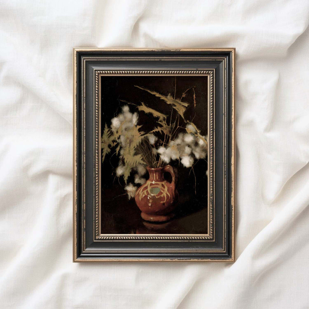 Vintage cotton still life dark academia print with elegant botanical composition and deep black background.