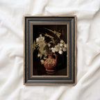 Vintage cotton still life dark academia print with elegant botanical composition and deep black background.