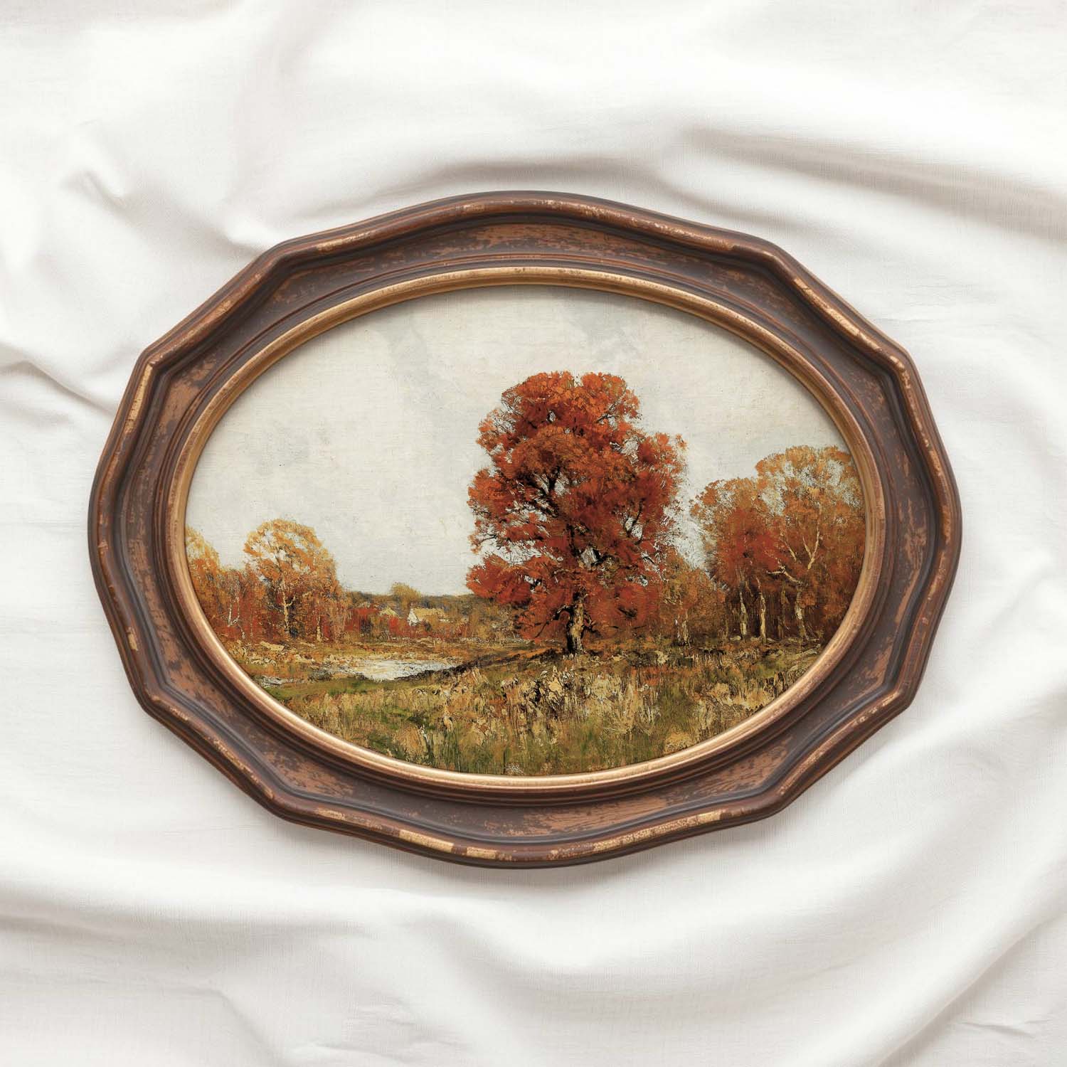 Vintage countryside autumn tree printable art with muted landscape details and traditional heritage style.
