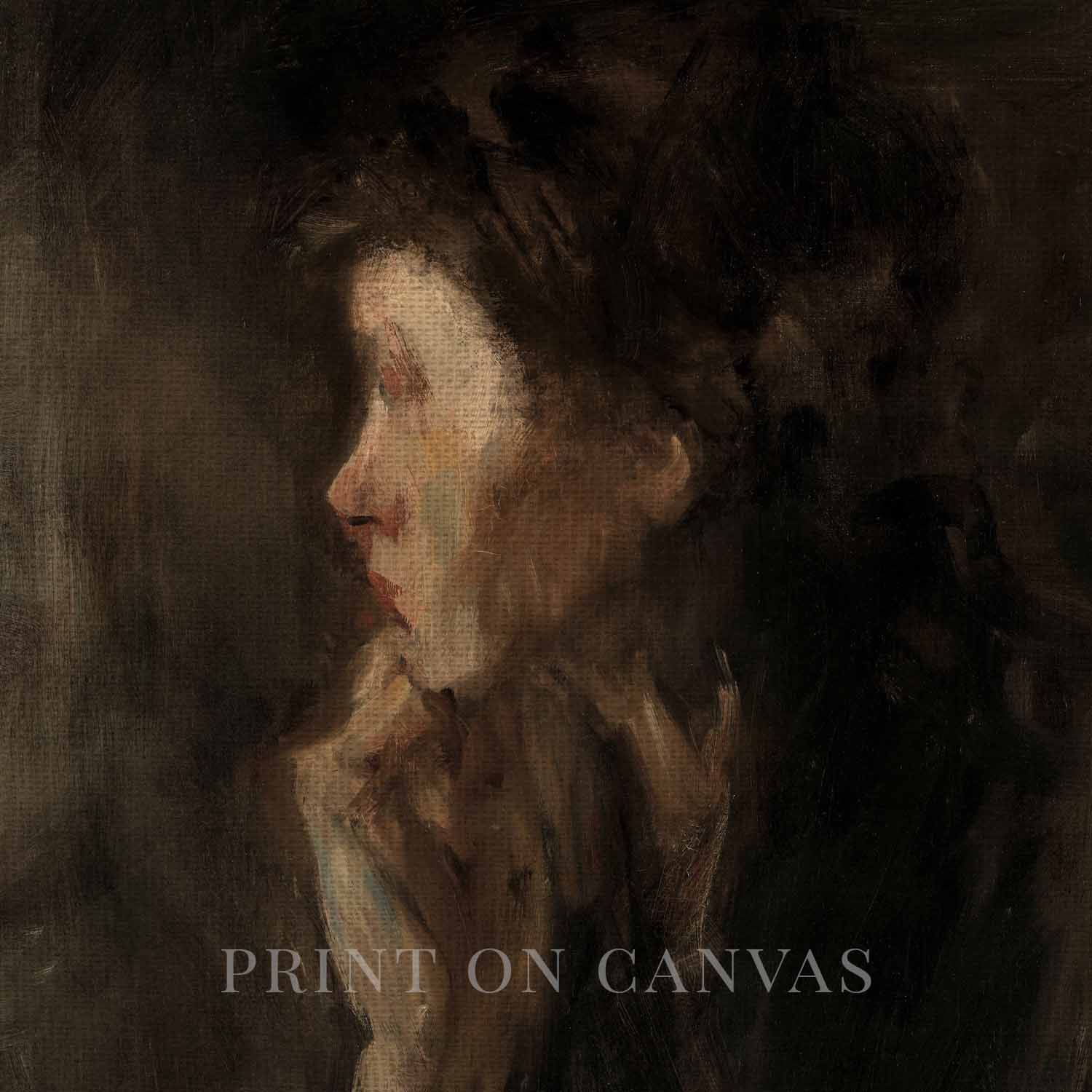 Dark Academia Daydreamer Portrait Wall Art Print – Moody Cinematic Woman Oil Painting (Digital Download)