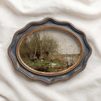 Vintage duck print featuring waterfowl gathered beside a rustic countryside pond