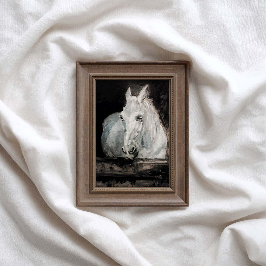 Vintage White Horse Stable Wall Art Printable (Dark Academia Equestrian)