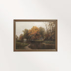 Vintage Fall Riverside Forest Cabin printable wall art with a dark autumn cabin-in-the-forest scene.