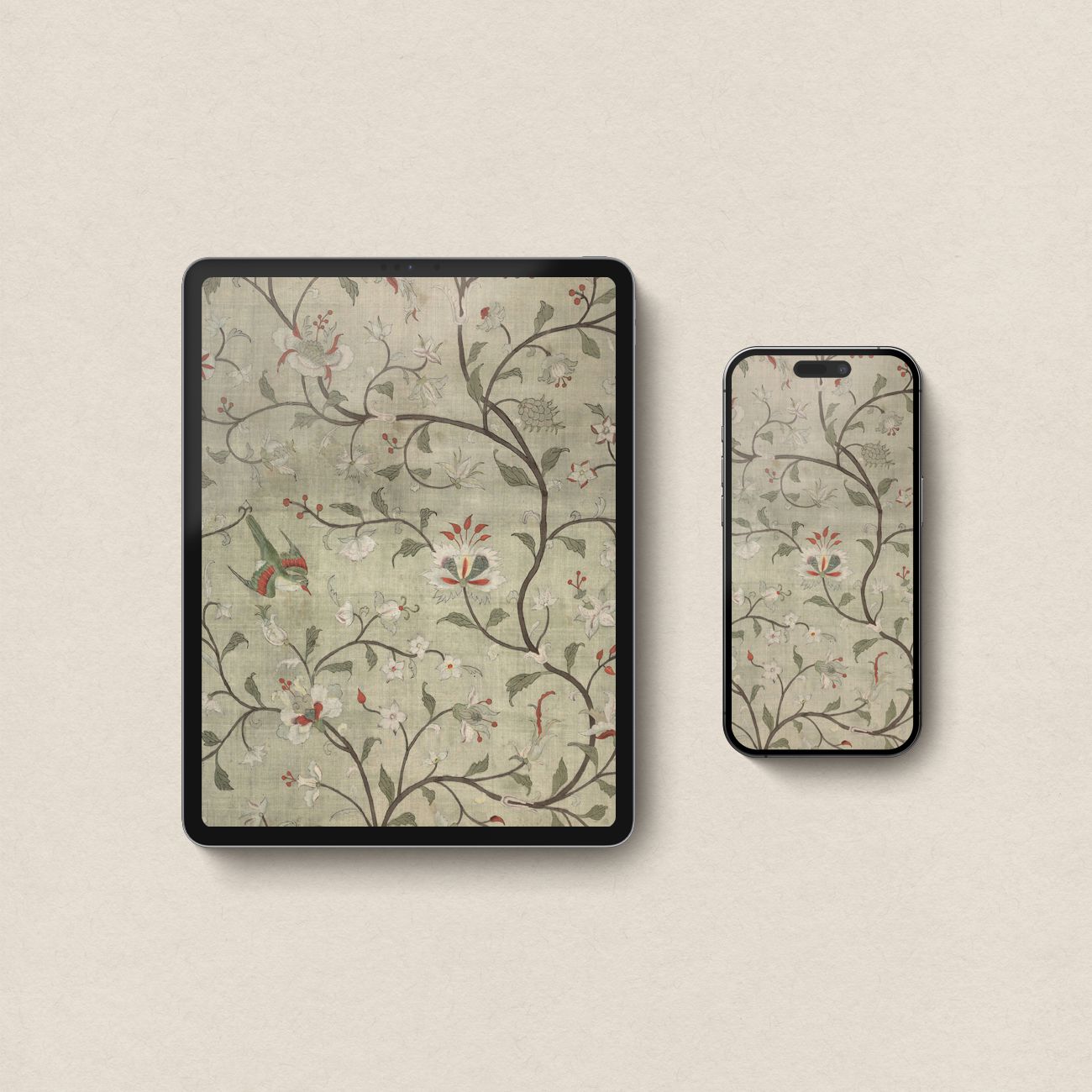 Cottagecore Botanical Tapestry Wallpaper Set – Vintage Bird Floral iPhone & iPad Bundle (Digital Download)