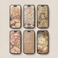 Set of 6 vintage floral iPhone wallpapers featuring antique floral patterns, romantic botanical designs, paisley and warm neutral tones
