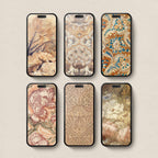 Set of 6 vintage floral iPhone wallpapers featuring antique floral patterns, romantic botanical designs, paisley and warm neutral tones